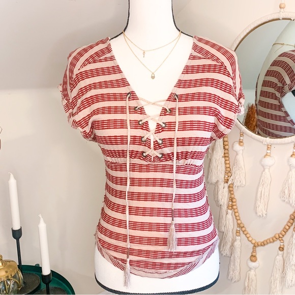 We the Free (Free People) Red Cream Striped Fitted Lace Up Open Back Shirt - Picture 2 of 6